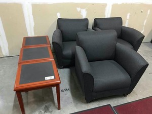 lot 3 image: Three Upholstered Chairs and three end tables