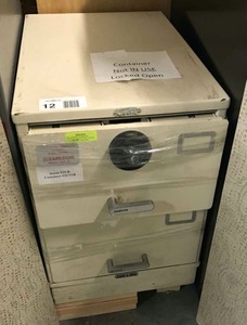 lot 12 image: Hamilton Products Group GSA Approved Document 2 drawer File Safe Cabinet, tan, not working, needs lock.  HEAVY  Forklift available to assist with loading