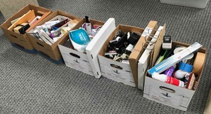 lot 33 image: Office Supplies  (5) Boxes, tape, staple removers, clips, sharpies and more