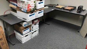 lot 35 image: Two Grey Work tables ( contents not included)