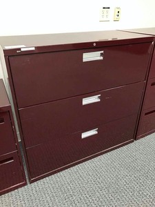 lot 74 image: HON Maroon 3-drawer lateral file cabinet, with key