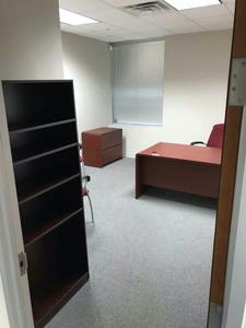 lot 96 image: Desk wleft Return, chair, Round Table, 2 chairs, 2-drawer lateral file cabinet, Book shelf