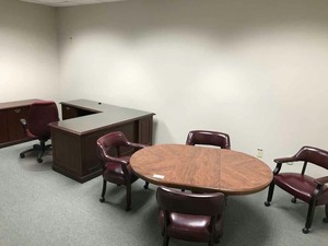 lot 116 image: Junior Executive Office Set Up  Desk wLeft return, Credenza with file cabinet, Table, 4 chairs, desk chair