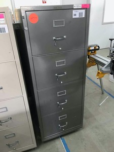 lot 38 image: Four-Drawer Legal File Cabinet, Shaw Walker, Fire Proof, Has Keys, Grey