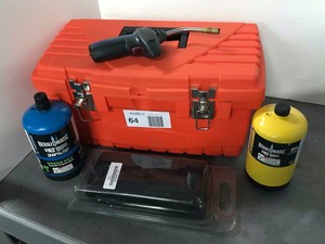 lot 64 image: Orange Tool Tote with Propane, Power Propoline, Welding Velvet, Bernzomatic Torch Head
