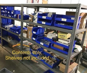 lot 275 image: Electrical Supplies  Lareg lot, two shelf units full  metal shelf not included
