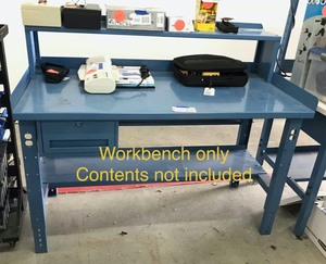 lot 339 image: Metal Workbench, blue with overshelf, drawer and undershelf 60 x 30 x 50