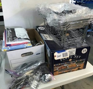 lot 347 image: Party Set Chafing Dish, Tins, Tablecloths, Chafing Fuel, Utencils