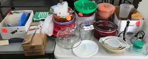 lot 349 image: Red Crock Pot, Holiday Serving ware, Cake Plate, Cookie jar, Tortilla Warmers