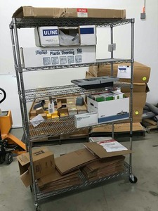 lot 405 image: Wire Cart Shelf, Plastic bags, Boxes, step stool