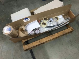 lot 436 image: Pallet  Drop Cloths, Brown Packing Tape, Clear bags