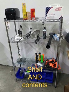 lot 437 image: Wire Storage Rack (36x14x54), First Aid Kit, Tie Down Straps, etc (shelf and contents)