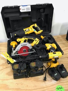 lot 442 image: DeWalt 18 volt  Saw, Sawzall, Drill, light, 6 batteries, one charger, case
