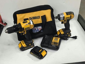 lot 444 image: DeWalt 20 volt Impact Driver, Drill, one charger, 3 batteries
