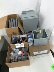 lot 470 image: Metal Junction Boxes, High Voltage Hot Tap Connectors, Greenfield Flex Tubing (table not included)