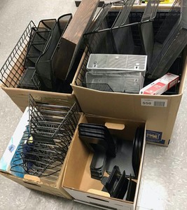 lot 558 image: (4) Boxes Desk Wire & Metal Organizers, Metal Book Ends