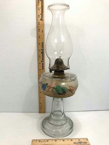 lot 13 image: Antique Oil Lamp Glass Hand Painted Flowers, Scovill Mfg. Co.
