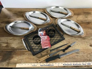 lot 20 image: Texas Style Borracho Chicken Cooker, Old Hickory Knives, Stainless Steel Steakhouse Plates with Chargers (4)