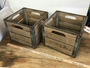 lot 49 image: (2) Metzger D Wood Milk Crates (12-62, 8-58)