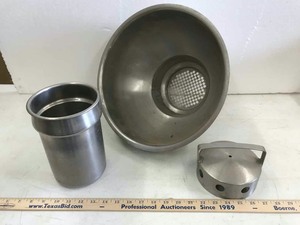 lot 94 image: Vollrath stainless steel round insert and a stainless steel funnel