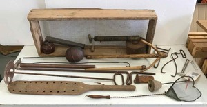 lot 101 image: Old primitive farm tools, kitchen tools, copper float
