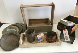 lot 105 image: Old tins, tin plates, wood drawers
