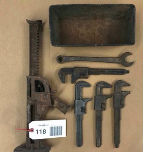 lot 118 image: Antique Ford Jack and Ford Wrenches
