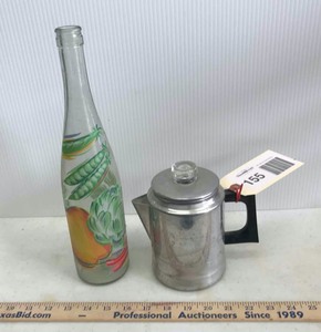 lot 155 image: Vintage aluminum 5 cup percolator coffee pot & Painted Bottle
