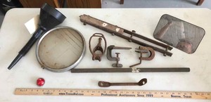 lot 211 image: Ken-Tool Truck Wrench, Plastic Funnel, Old Car Parts, Twilite Chevrolet Headlamp Cover