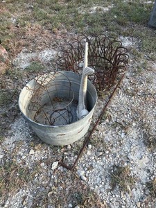 lot 316 image: Gardenalia Fish Statue, Wire Baskets, Galvanized Tub, Hangers, Rod