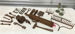 lot 488 image: Bucket of Old Iron HardwareTools, Bug Duster, Candlesticks