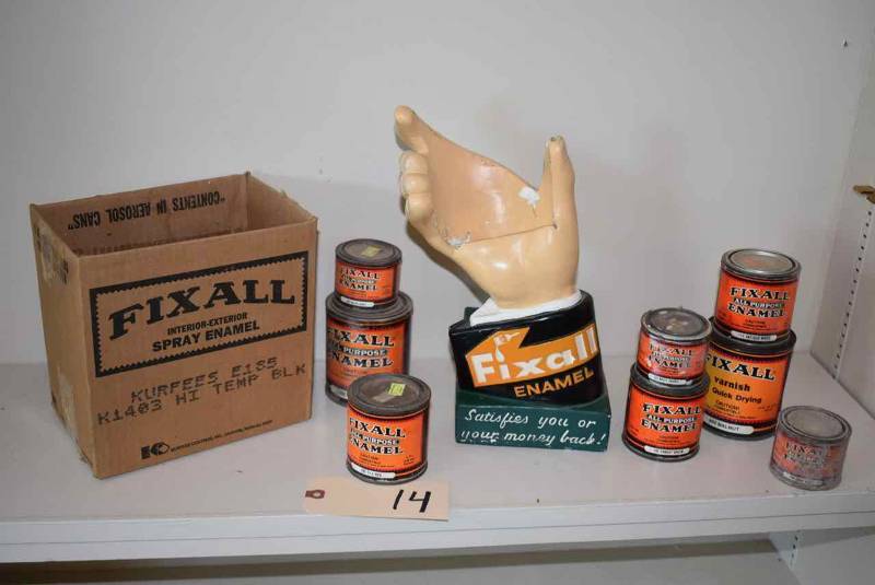 lot 14 image: Vintage Marketing Display Fixall Hand & Newer Cans & Box