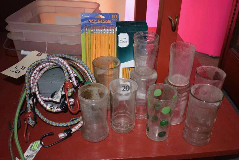 lot 59 image: Old Beer Glasses, Metal Card Box, Bungee Cords, Etc.