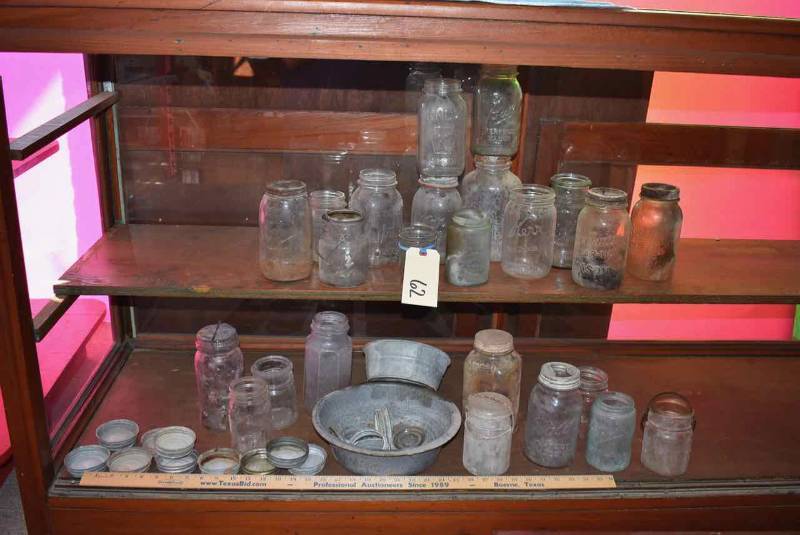 lot 62 image: Old Canning Jars, Old Zinc & Glass Lids, Etc.