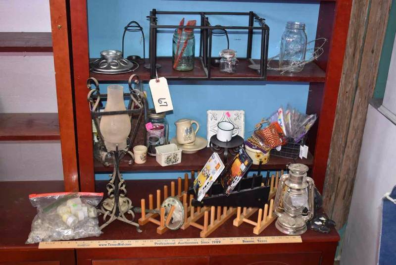 lot 67 image: Plate Stands, Bottles, Oil Lamp, Stoneware, Etc.