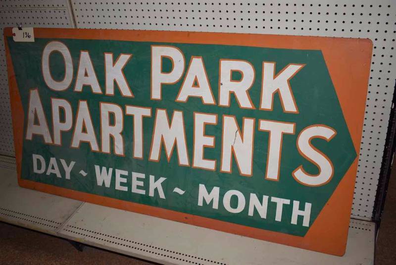 lot 136 image: Tin Sign Painted, Oak Park Apartments