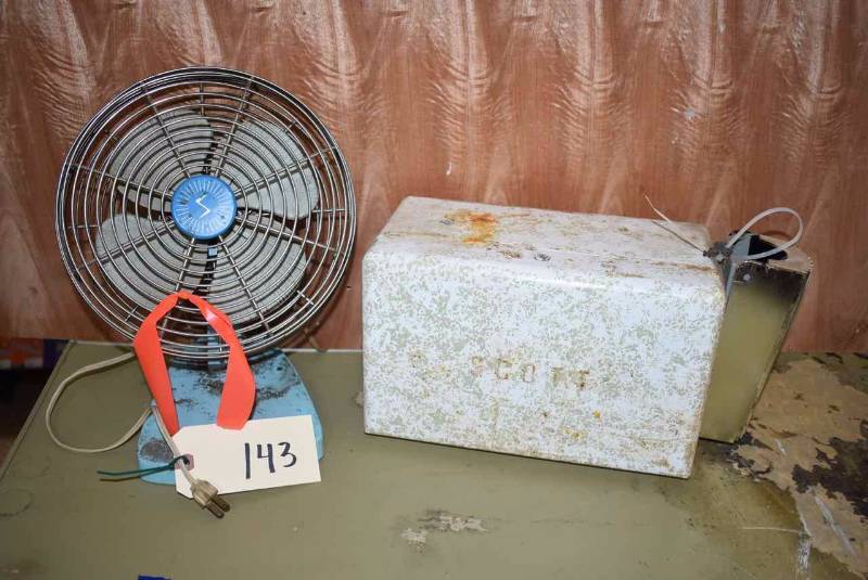 lot 143 image: Mid-Century Blue Superior Electric Fan & Scott Paper Towel Dispenser