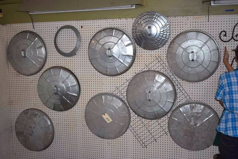 lot 159 image: Galvanized Can Lids, Wire Panel