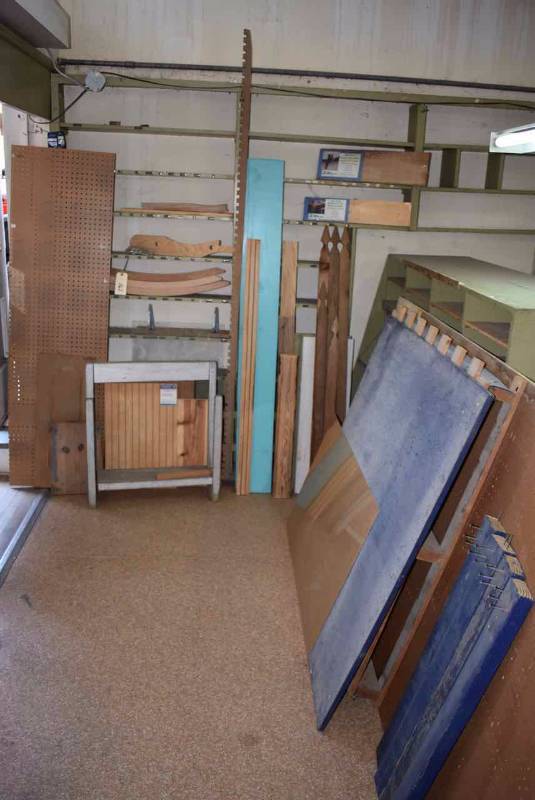 lot 162 image: Rocker Parts, Peg Board Sheets, Pine Shelf, Oak Shelf, Riser, Pieces of LumberWood
