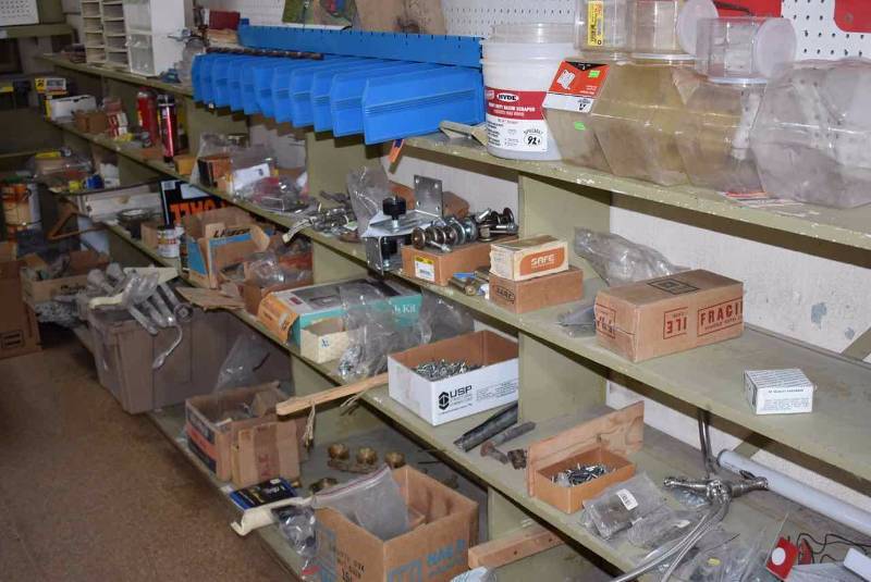 lot 171 image: Vintage Green Wood Hardware Shelving