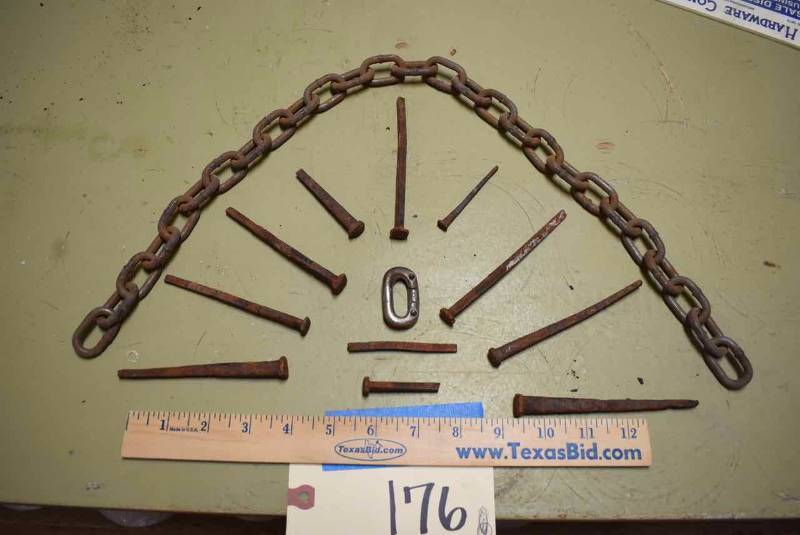 lot 176 image: Old Square Nails, Section Of Chain, Clip