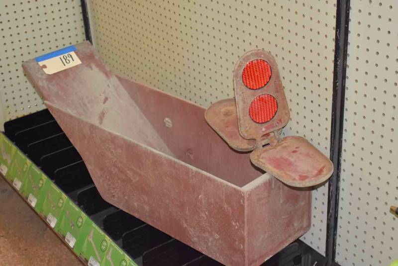 lot 189 image: Old Wood Pickup-Bed Tool Box & Vintage Highway Reflector