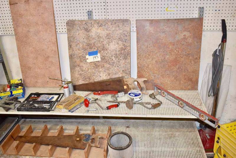 lot 193 image: Asst. Hand Tools Brace, Bits, Saws, Oilers, Staplers, Level, Etc.