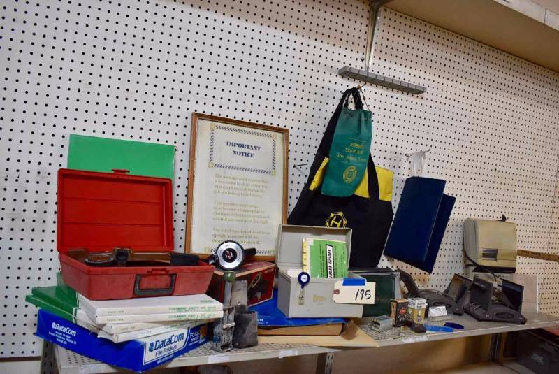 lot 195 image: Vintage Office Items Card Holders, Bank Bags, Folders, Adding Machine, Dayton Tape Embosser, Avery Label Maker