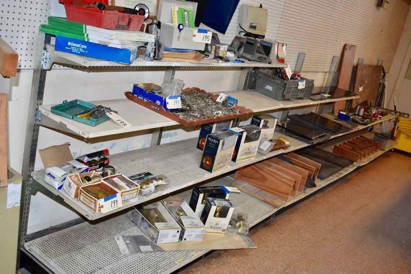 lot 203 image: Gondola Style Shelving (3 sections)  (shelf units only, contents not included)