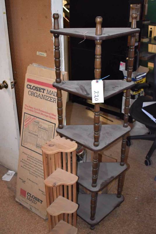lot 220 image: Closet Maid Organizer, Tall Corner Shelf, Wall Shelf