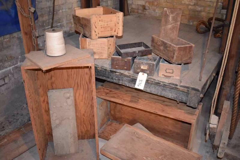 lot 236 image: Wood Crates, String Holder, Metal Drawer Bins, Etc.