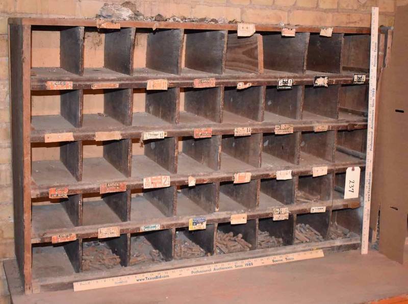 lot 237 image: Antique Cubbied Hardware Cabinet with Contents