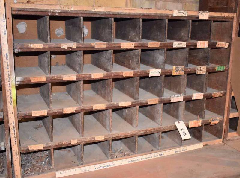 lot 238 image: Antique Cubbied Hardware Cabinet with Contents