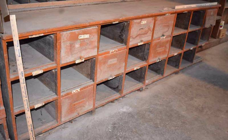 lot 241 image: Orange Antique Bin Hardware Cabinet with some Doors